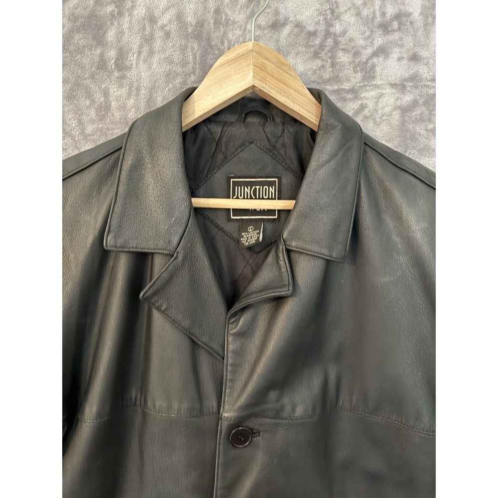 Junction West Leather Jacket Mens Size L Black Long Coat Outdoor Button Classic - Picture 2 of 10